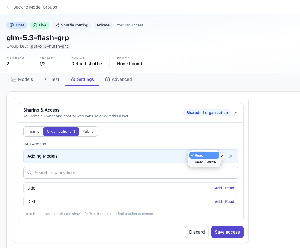DeltaLLM model group settings with Sharing and Access expanded, an organization selected, and the Read or Read / Write permission menu open
